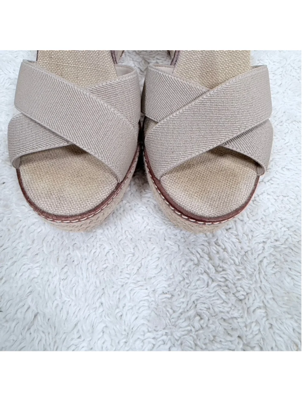 Tory Burch Frieda Espadrille Wedge Sandal Beige Strappy Heels Beachy Boho Sz 8.5